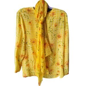 Vintage Saks Fifth Avenue Yellow Daisy Silk Blouse Scarf Set Medium